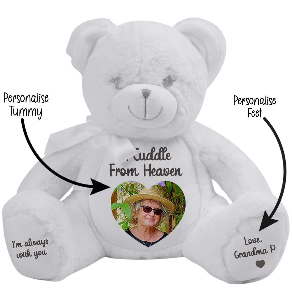 White teddy bear with a heart-shaped photo and personalied cuddle from heaven text text on a white background CFHWBE