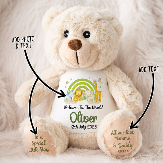 New Baby 'Welcome to The World' Green Safari Friends Personalised Teddy Bears