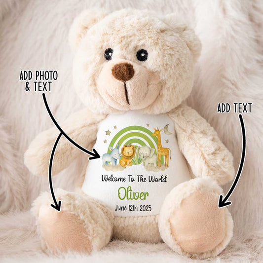 New Baby 'Welcome to The World' Green Safari Friends Personalised Teddy Bears