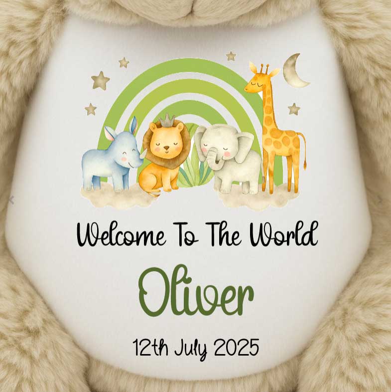 New Baby 'Welcome to The World' Green Safari Friends Personalised Teddy Bears