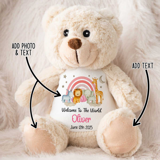 New Baby 'Welcome to The World' Pink Safari Friends Personalised Teddy Bears