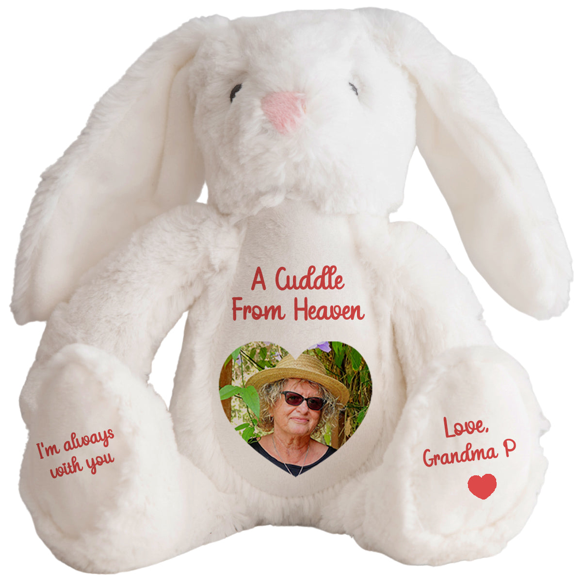 White plush bunny with a heart-shaped photo and personalised cuddle from heaven text on a white background