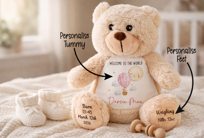 New baby brown teddy with welcome to the world message and personalised birth details