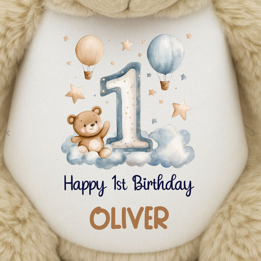 1st Birthday Bear Blue Balloons & Clouds Personalised Teddy Bear