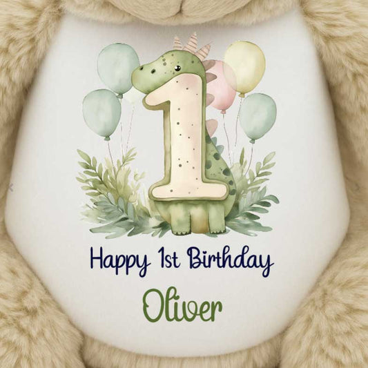 1st Birthday Green Dinosaur & Balloons Personalised Teddy Bear