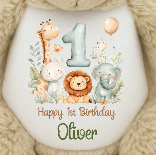 1st Birthday Green Jungle Safari Animals Personalised Teddy Bear
