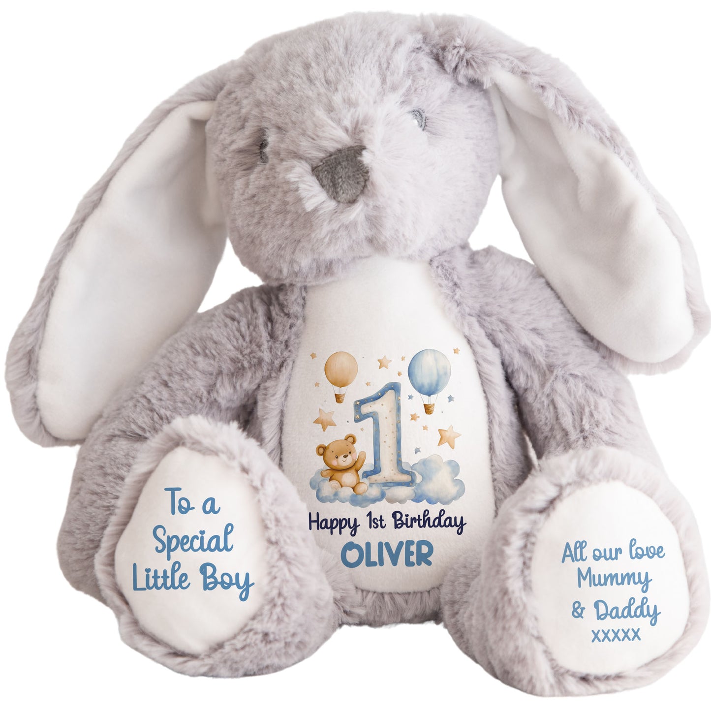 1st Birthday Bear Blue Balloons & Clouds Personalised Teddy Bear