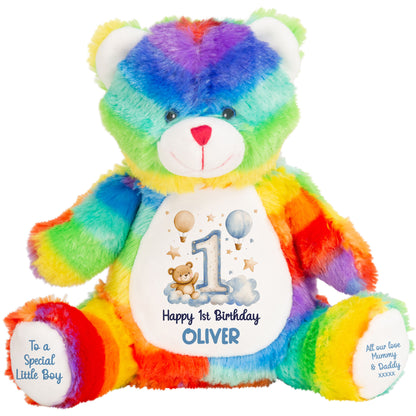 1st Birthday Bear Blue Balloons & Clouds Personalised Teddy Bear