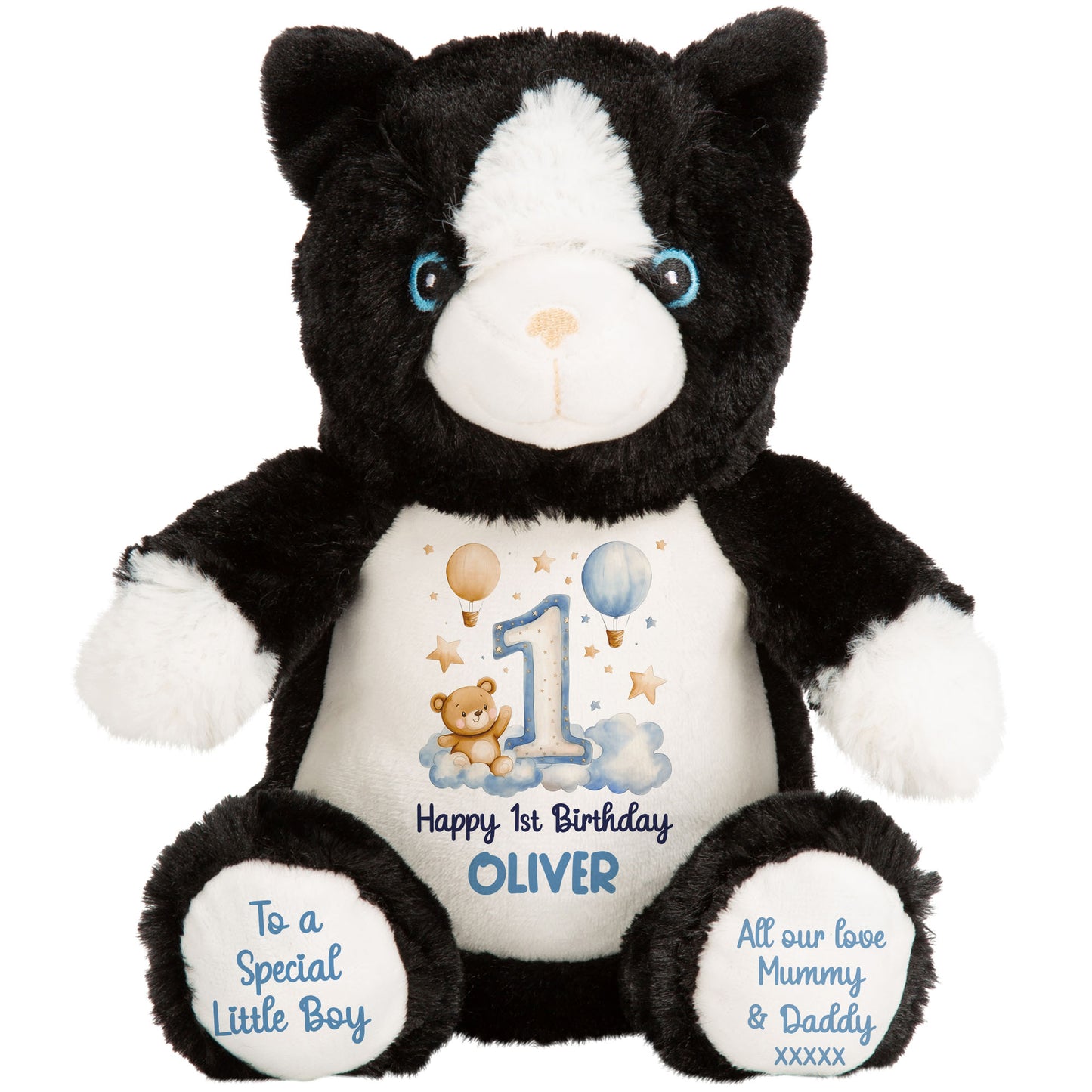 1st Birthday Bear Blue Balloons & Clouds Personalised Teddy Bear