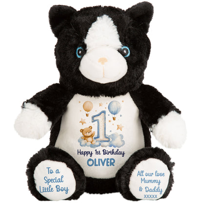 1st Birthday Bear Blue Balloons & Clouds Personalised Teddy Bear