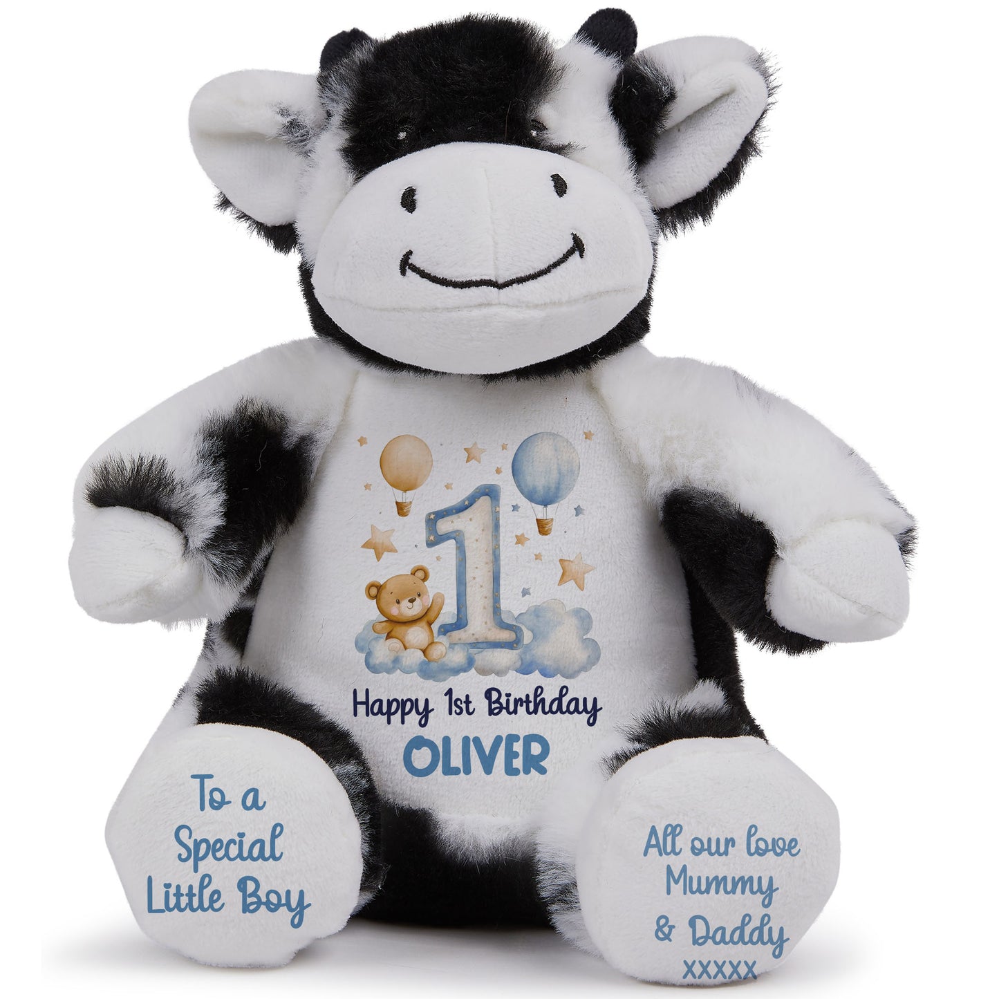 1st Birthday Bear Blue Balloons & Clouds Personalised Teddy Bear