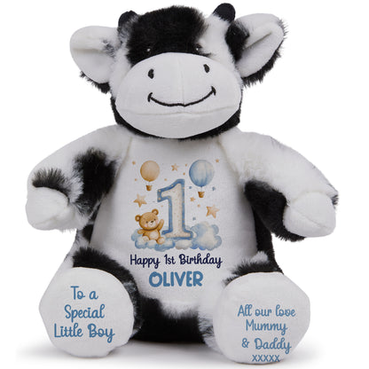 1st Birthday Bear Blue Balloons & Clouds Personalised Teddy Bear