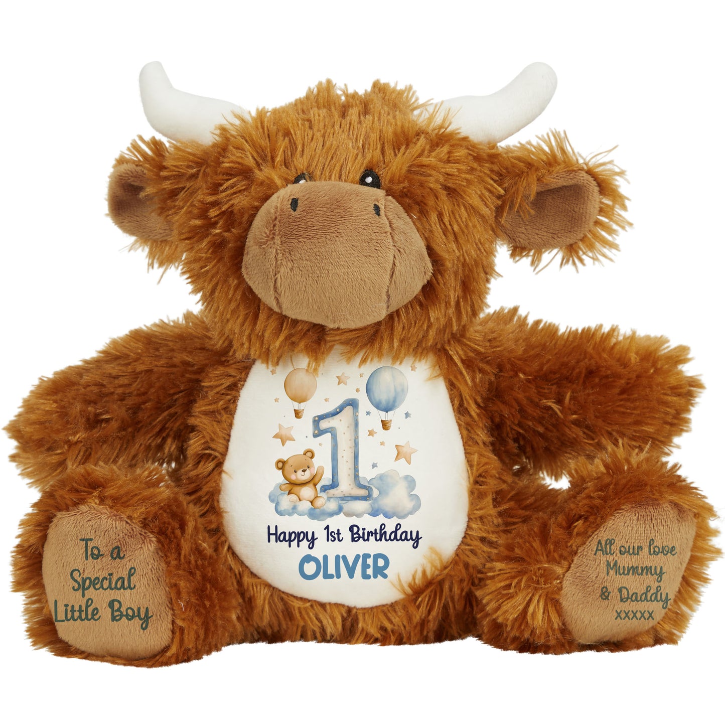 1st Birthday Bear Blue Balloons & Clouds Personalised Teddy Bear