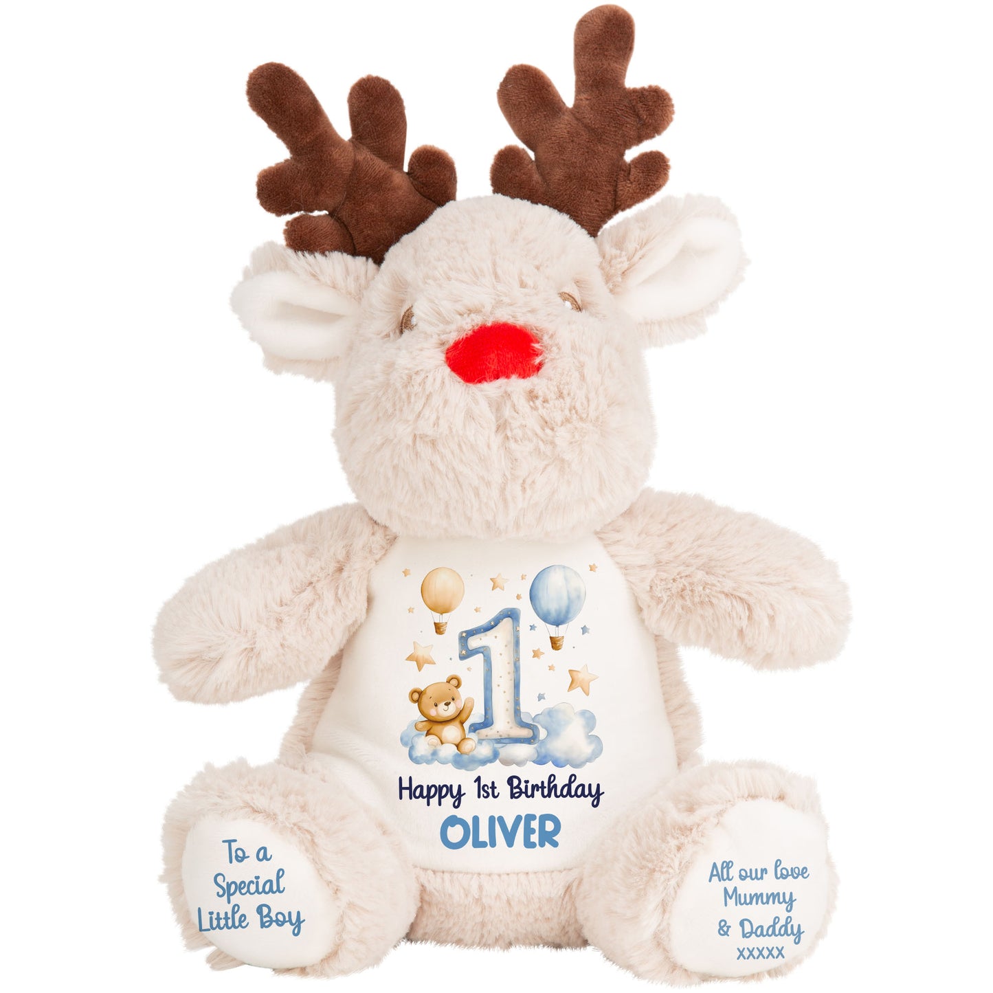 1st Birthday Bear Blue Balloons & Clouds Personalised Teddy Bear