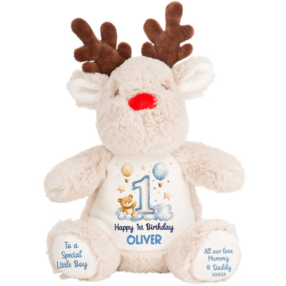 1st Birthday Bear Blue Balloons & Clouds Personalised Teddy Bear
