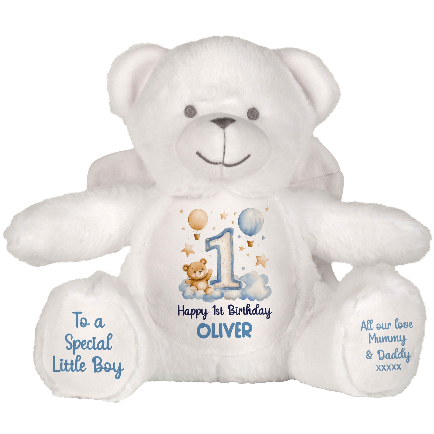 1st Birthday Bear Blue Balloons & Clouds Personalised Teddy Bear