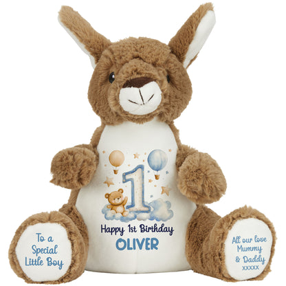 1st Birthday Bear Blue Balloons & Clouds Personalised Teddy Bear