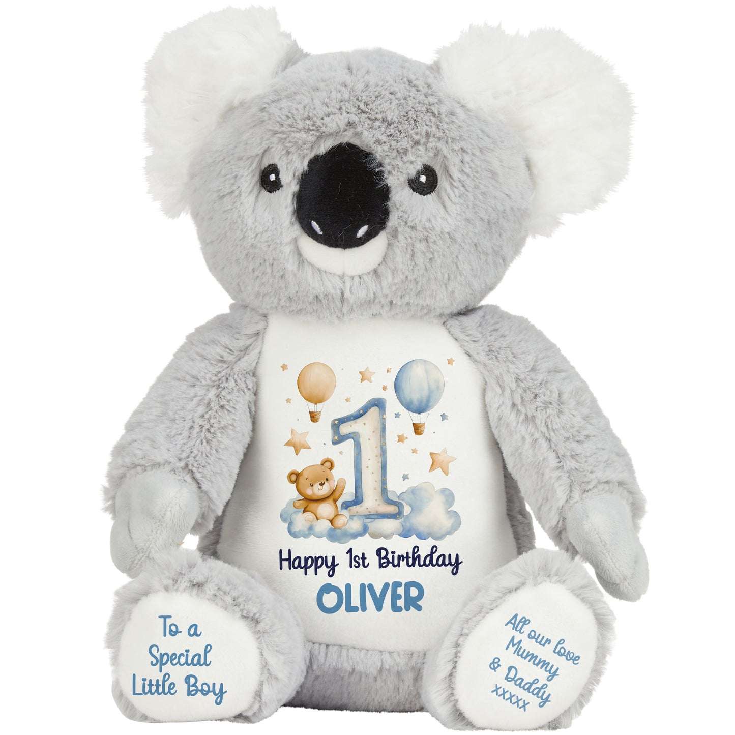 1st Birthday Bear Blue Balloons & Clouds Personalised Teddy Bear