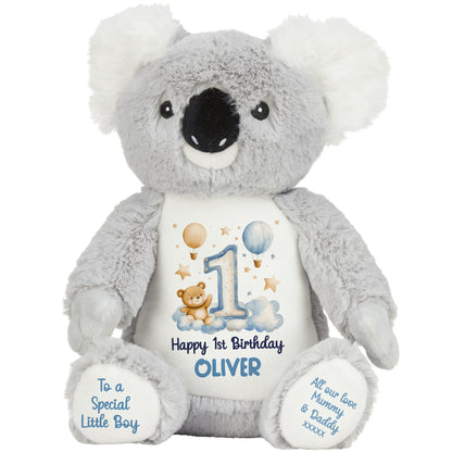 1st Birthday Bear Blue Balloons & Clouds Personalised Teddy Bear