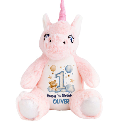 1st Birthday Bear Blue Balloons & Clouds Personalised Teddy Bear