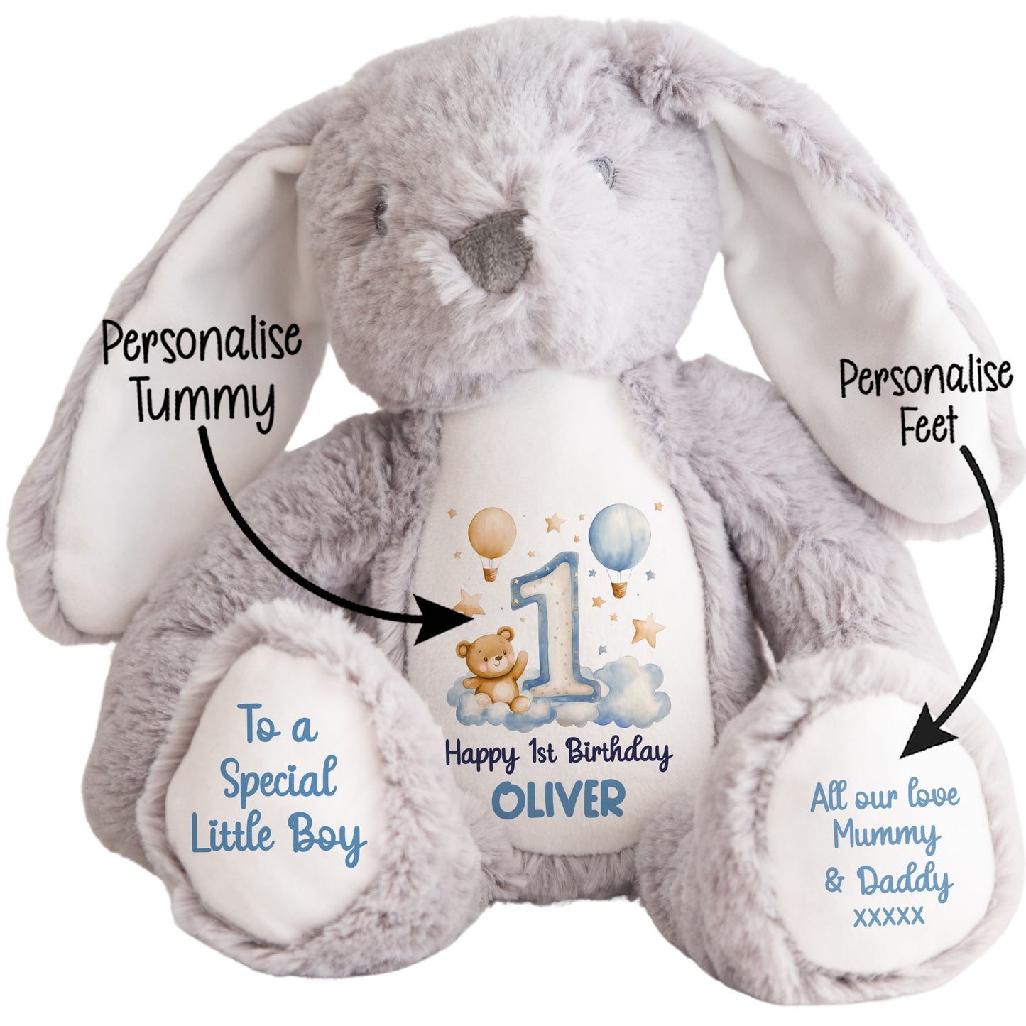 1st Birthday Bear Blue Balloons & Clouds Personalised Teddy Bear