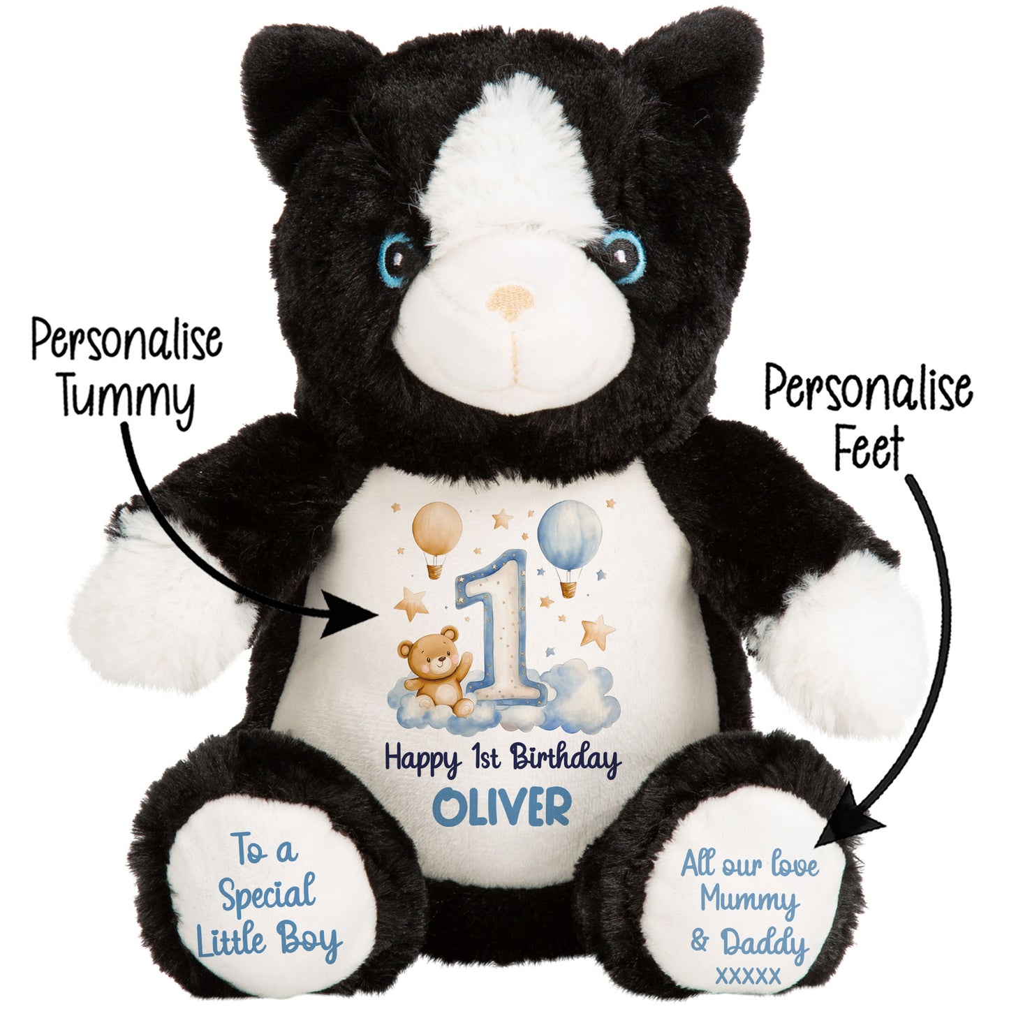 1st Birthday Bear Blue Balloons & Clouds Personalised Teddy Bear