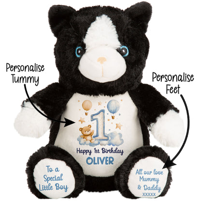 1st Birthday Bear Blue Balloons & Clouds Personalised Teddy Bear