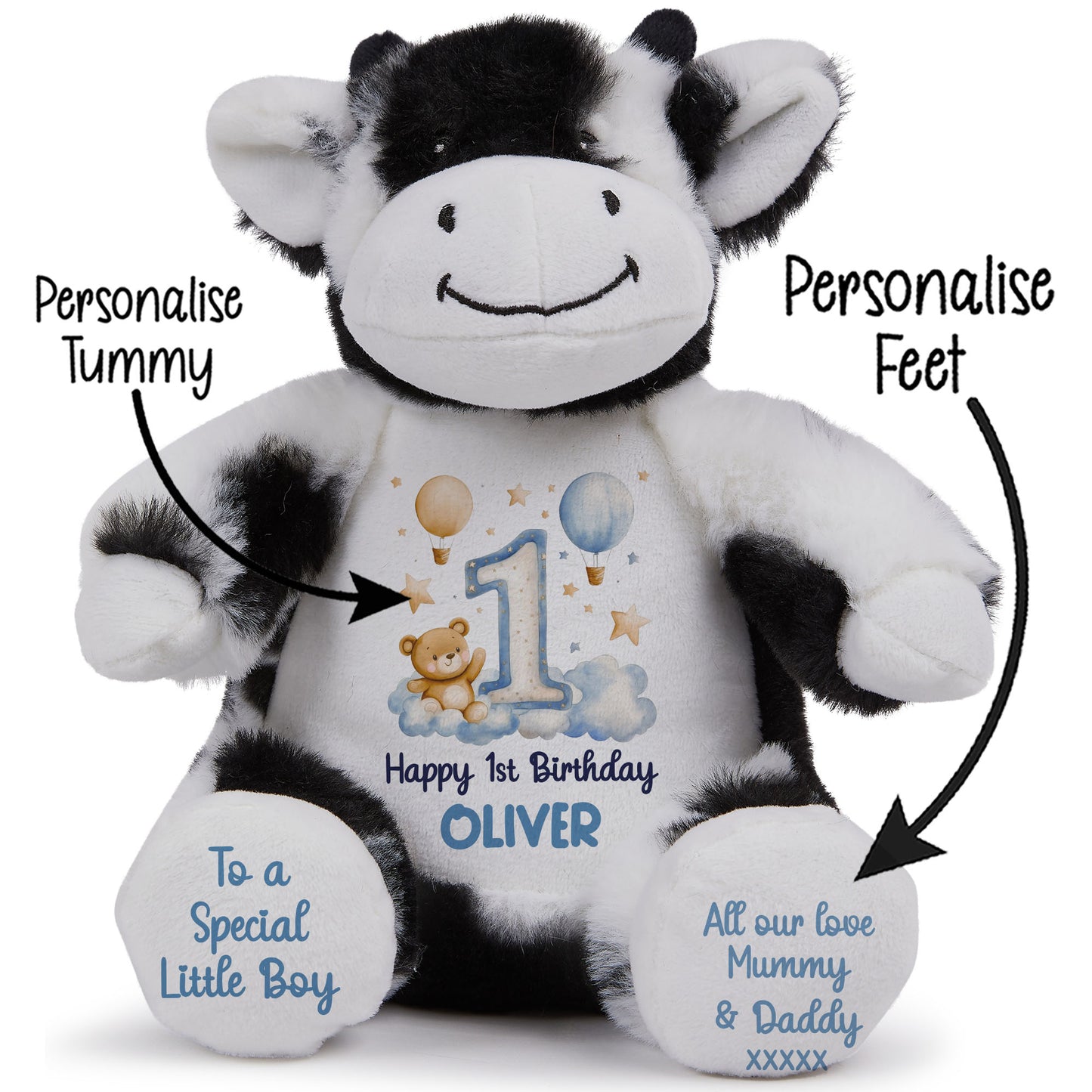 1st Birthday Bear Blue Balloons & Clouds Personalised Teddy Bear