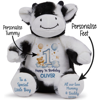 1st Birthday Bear Blue Balloons & Clouds Personalised Teddy Bear