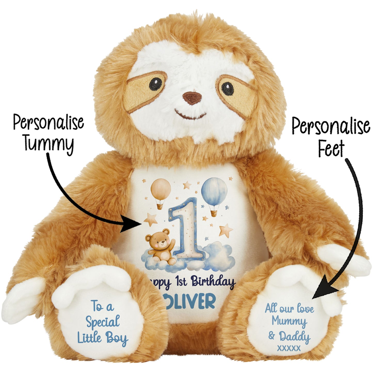 1st Birthday Bear Blue Balloons & Clouds Personalised Teddy Bear
