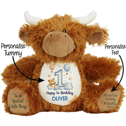 1st Birthday Bear Blue Balloons & Clouds Personalised Teddy Bear