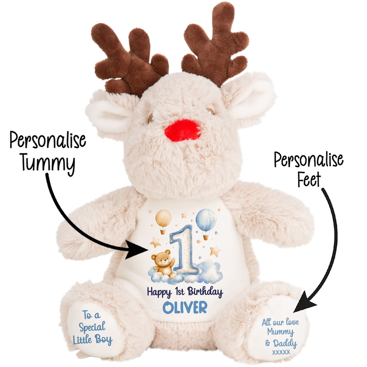 1st Birthday Bear Blue Balloons & Clouds Personalised Teddy Bear