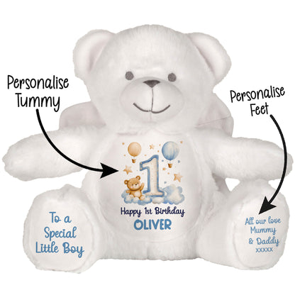 1st Birthday Bear Blue Balloons & Clouds Personalised Teddy Bear