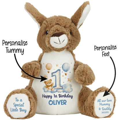 1st Birthday Bear Blue Balloons & Clouds Personalised Teddy Bear