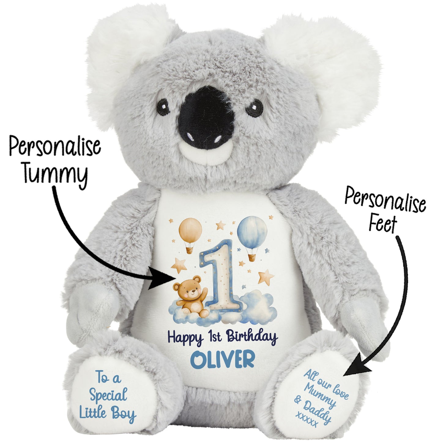 1st Birthday Bear Blue Balloons & Clouds Personalised Teddy Bear