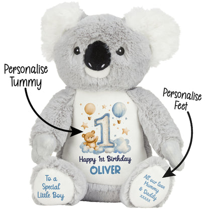 1st Birthday Bear Blue Balloons & Clouds Personalised Teddy Bear