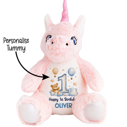 1st Birthday Bear Blue Balloons & Clouds Personalised Teddy Bear