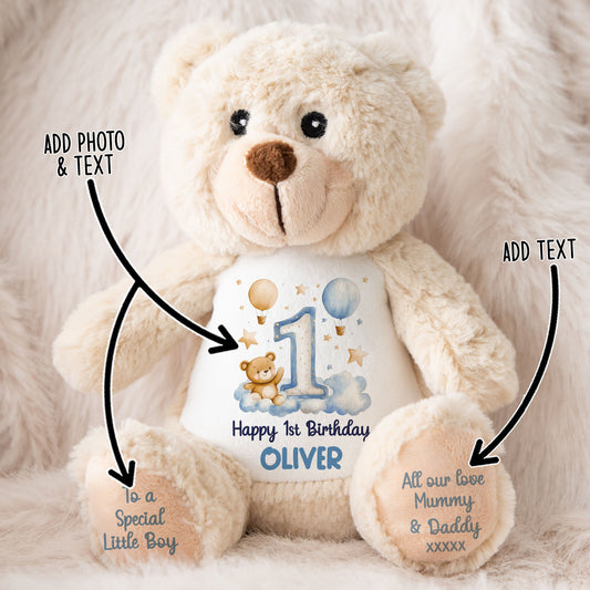 1st Birthday Bear Blue Balloons & Clouds Personalised Teddy Bear