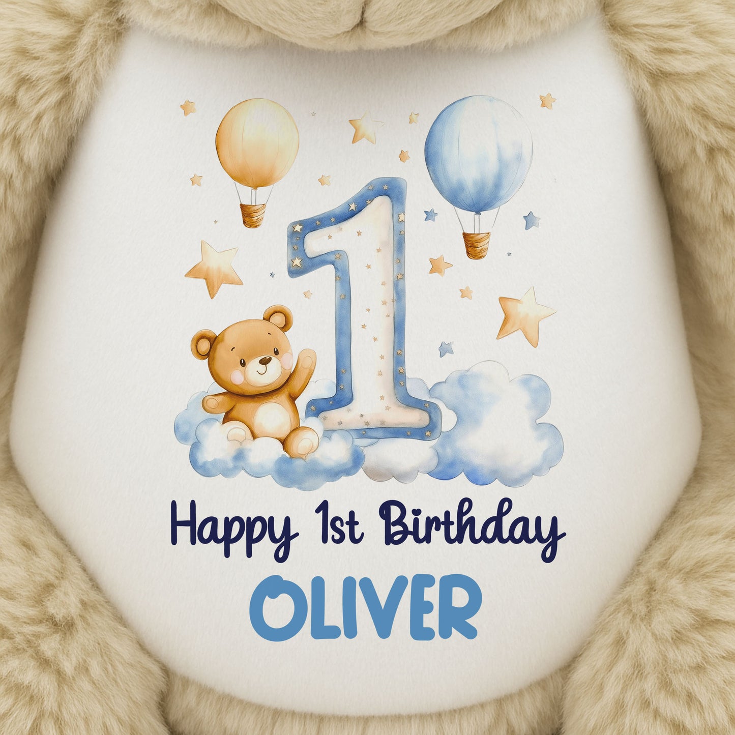 1st Birthday Bear Blue Balloons & Clouds Personalised Teddy Bear