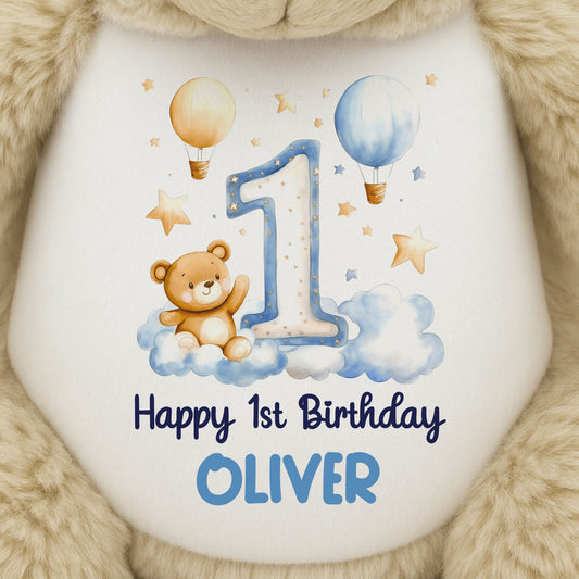 1st Birthday Bear Blue Balloons & Clouds Personalised Teddy Bear
