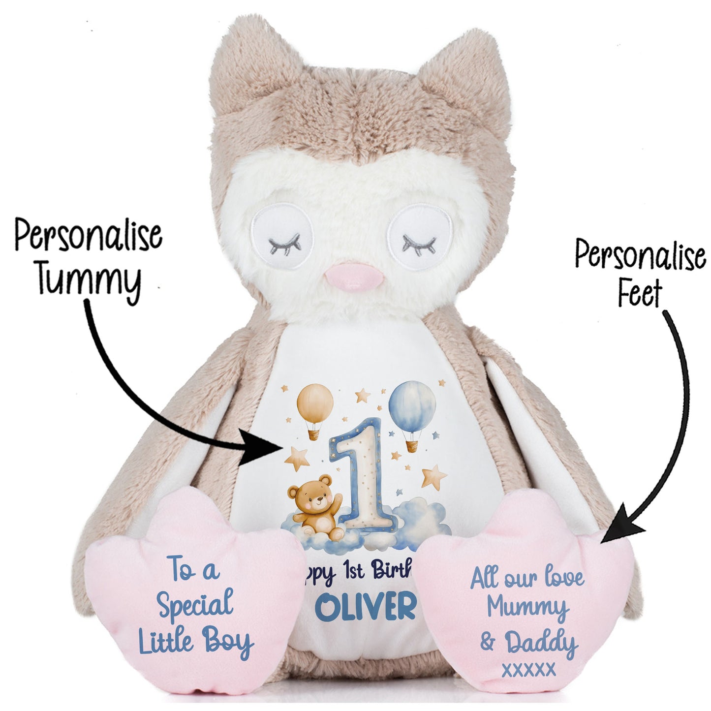 1st Birthday Bear Blue Balloons & Clouds Personalised Teddy Bear