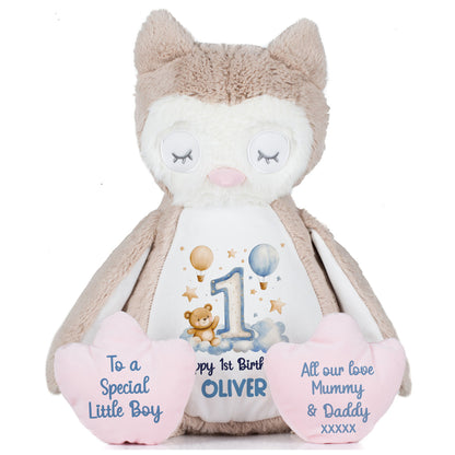 1st Birthday Bear Blue Balloons & Clouds Personalised Teddy Bear