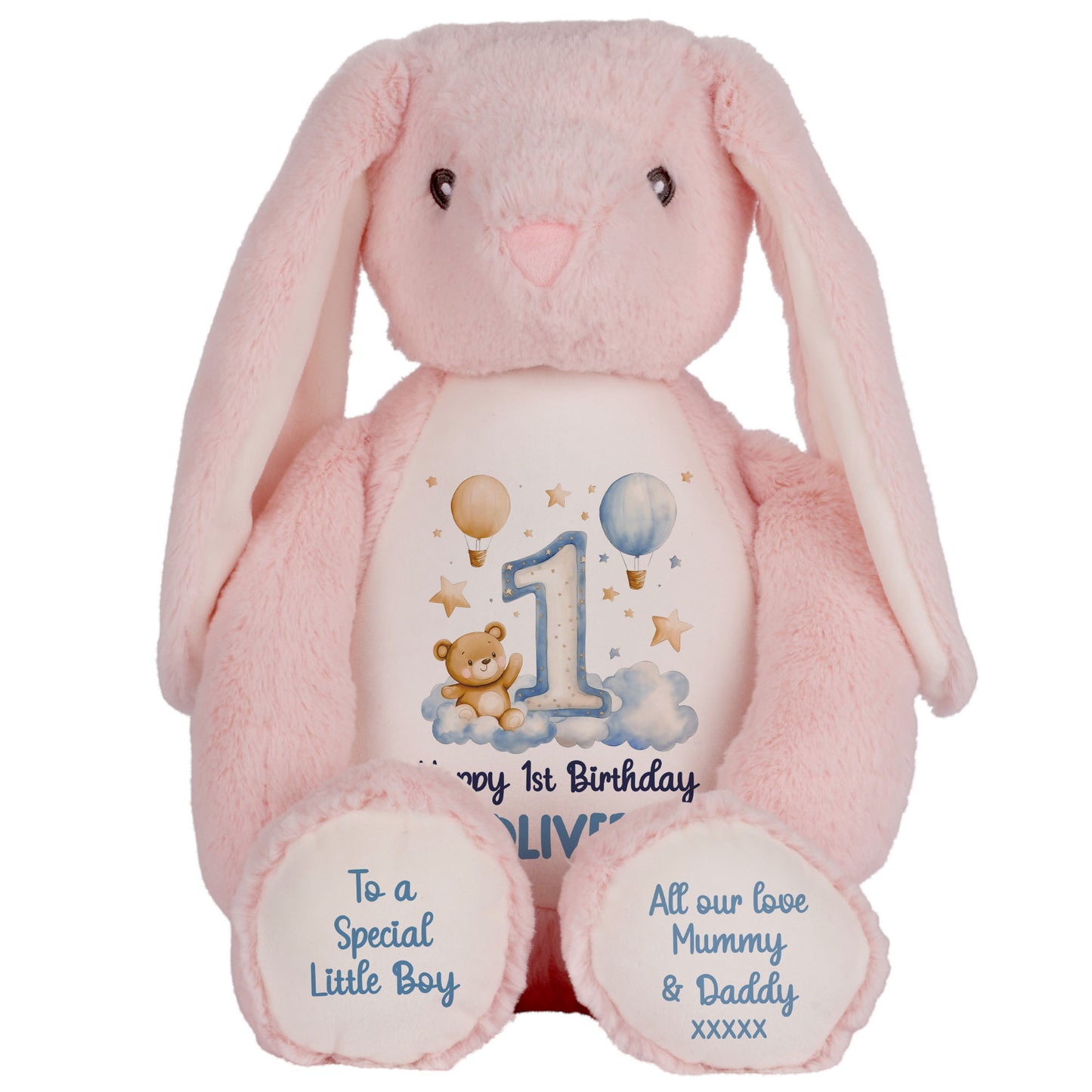 1st Birthday Bear Blue Balloons & Clouds Personalised Teddy Bear