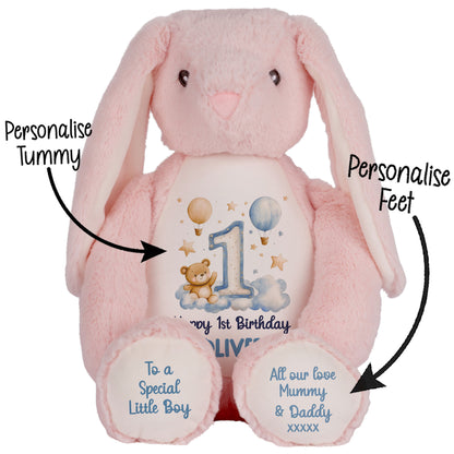 1st Birthday Bear Blue Balloons & Clouds Personalised Teddy Bear