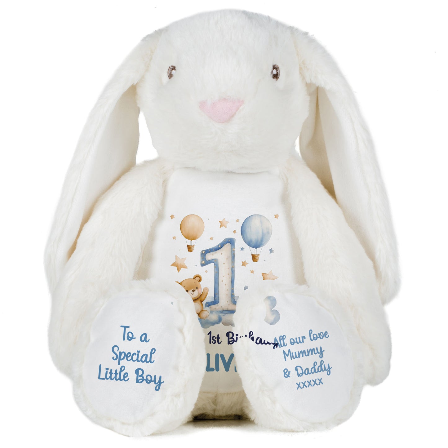 1st Birthday Bear Blue Balloons & Clouds Personalised Teddy Bear