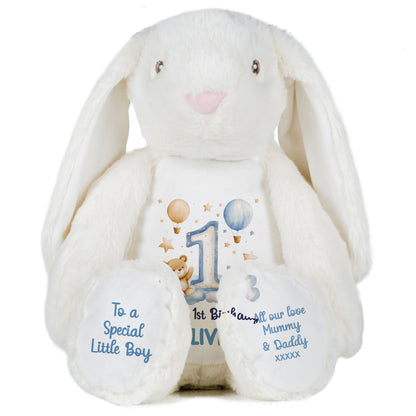 1st Birthday Bear Blue Balloons & Clouds Personalised Teddy Bear