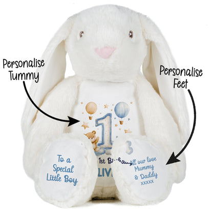 1st Birthday Bear Blue Balloons & Clouds Personalised Teddy Bear