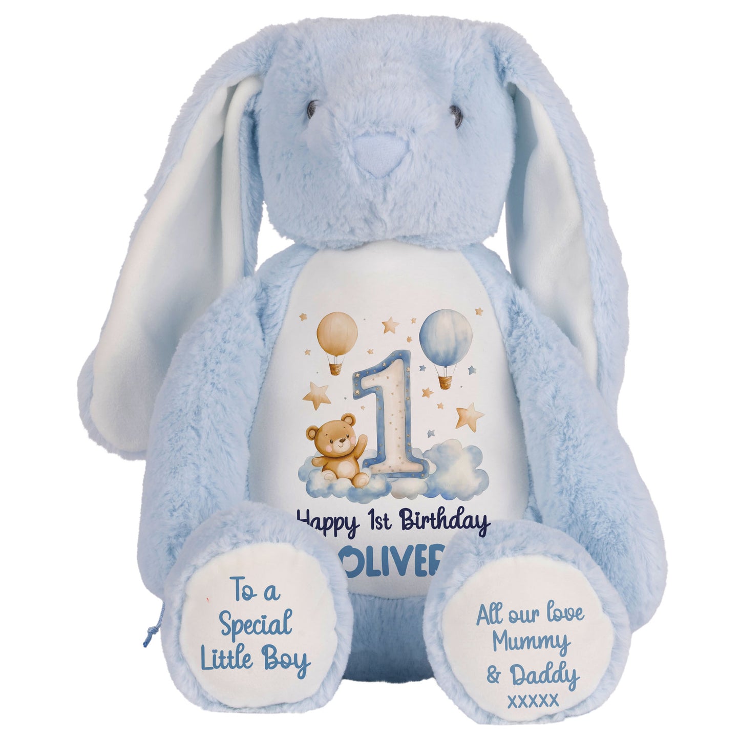 1st Birthday Bear Blue Balloons & Clouds Personalised Teddy Bear