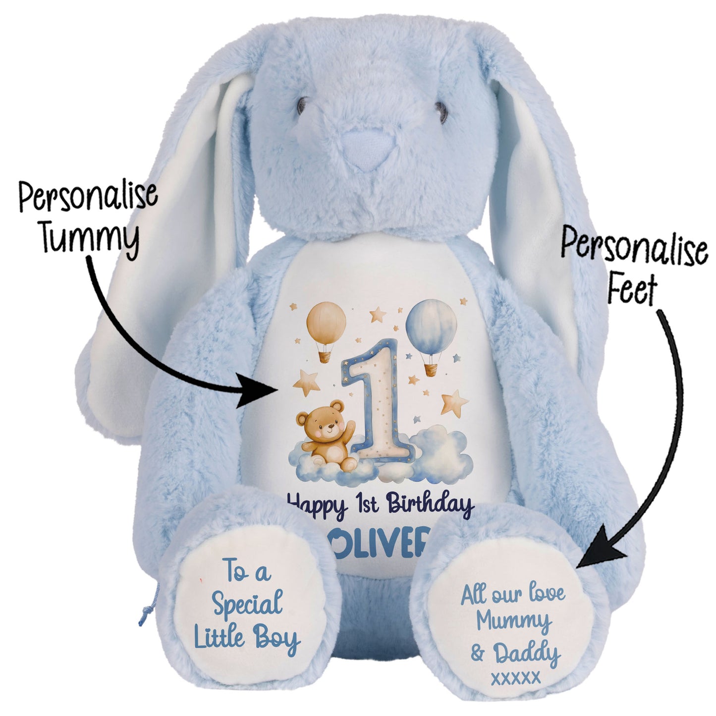 1st Birthday Bear Blue Balloons & Clouds Personalised Teddy Bear