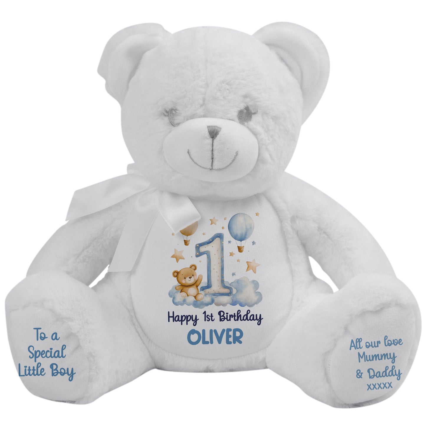 1st Birthday Bear Blue Balloons & Clouds Personalised Teddy Bear